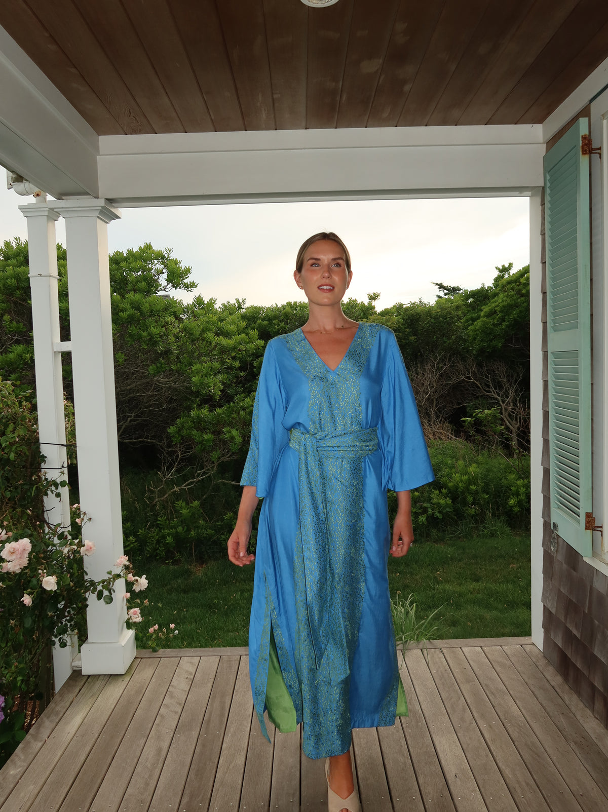 McBournie Richards Home x SUE SARTOR SS Kaftan | Seaweed Embroidery on Atlantic Blue 100% Hand-Loom Silk