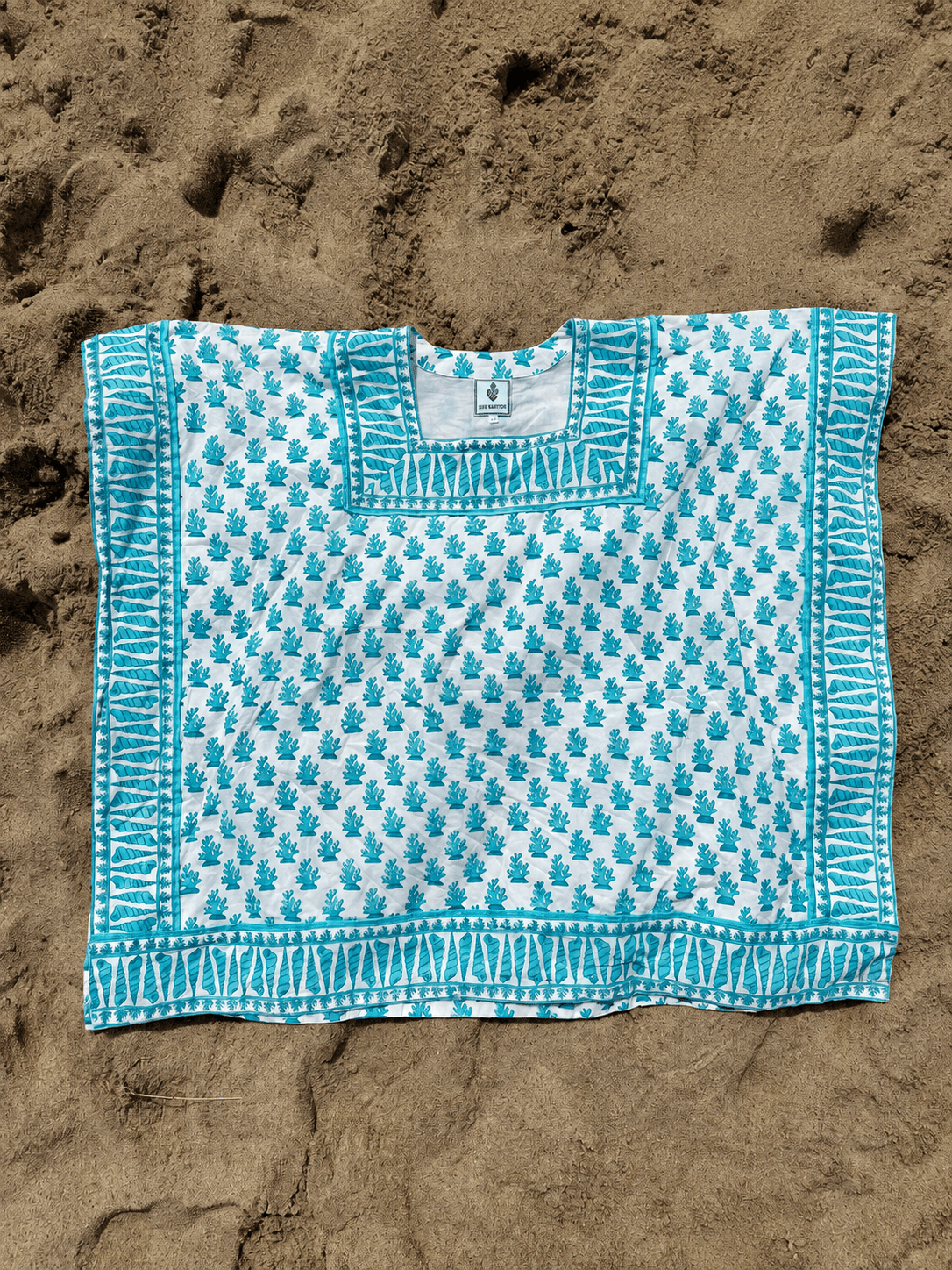 Square Neck Beach Kaftan Short | Azure Blue Coral