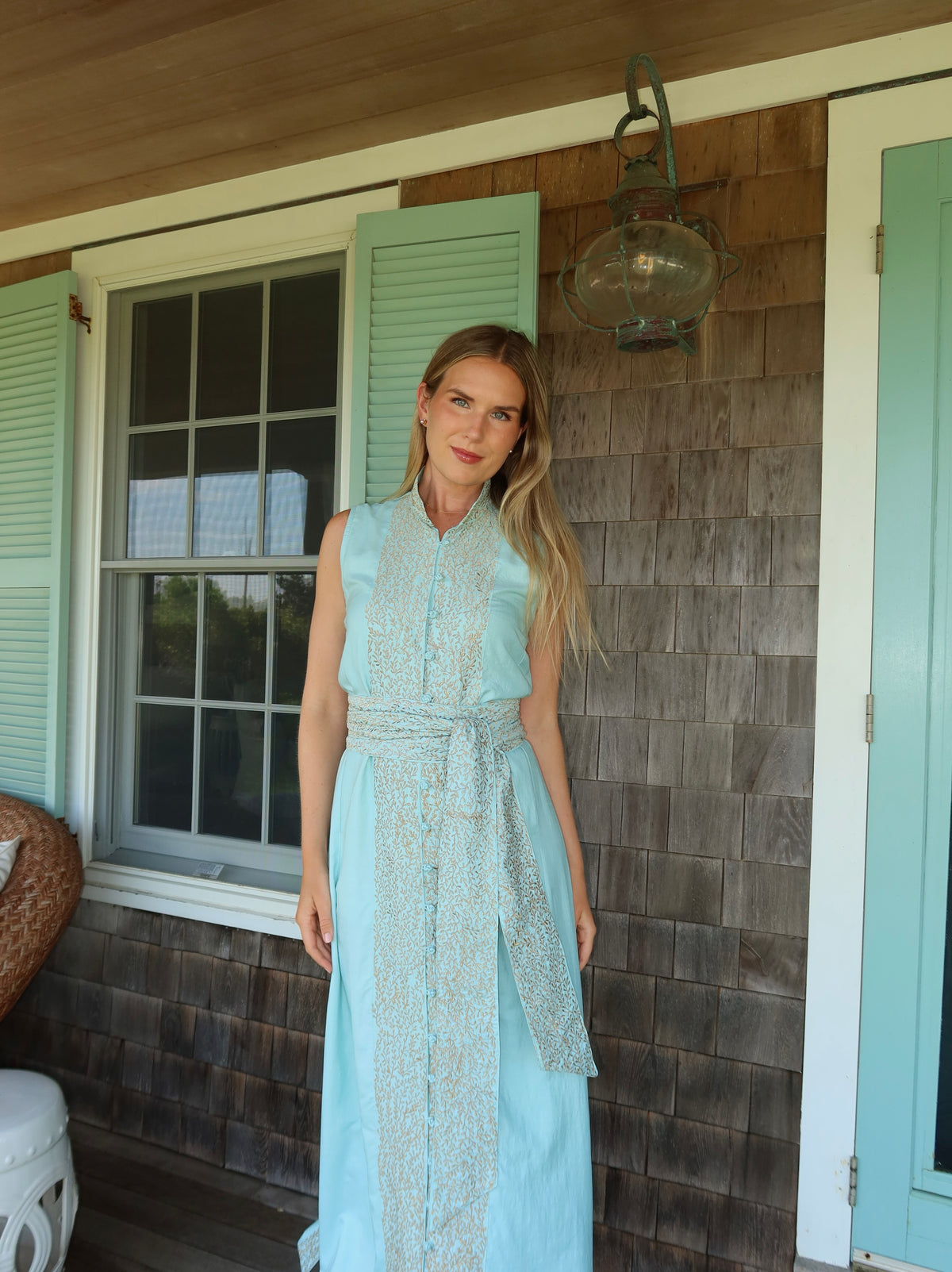 McBournie Richards Home x SUE SARTOR Sleeveless Marrakech Kaftan | Antique Gold Seaweed Embroidery on Seaglass 100% Hand-Loom Silk