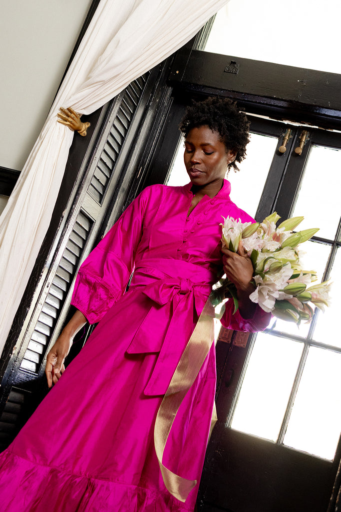 SUE SARTOR Flounce Maxi  | Fuchsia Silk Taffeta