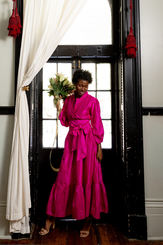 SUE SARTOR Flounce Maxi | Fuchsia Silk Taffeta XS SUE SARTOR Flounce Maxi | Fuchsia Silk Taffeta XS