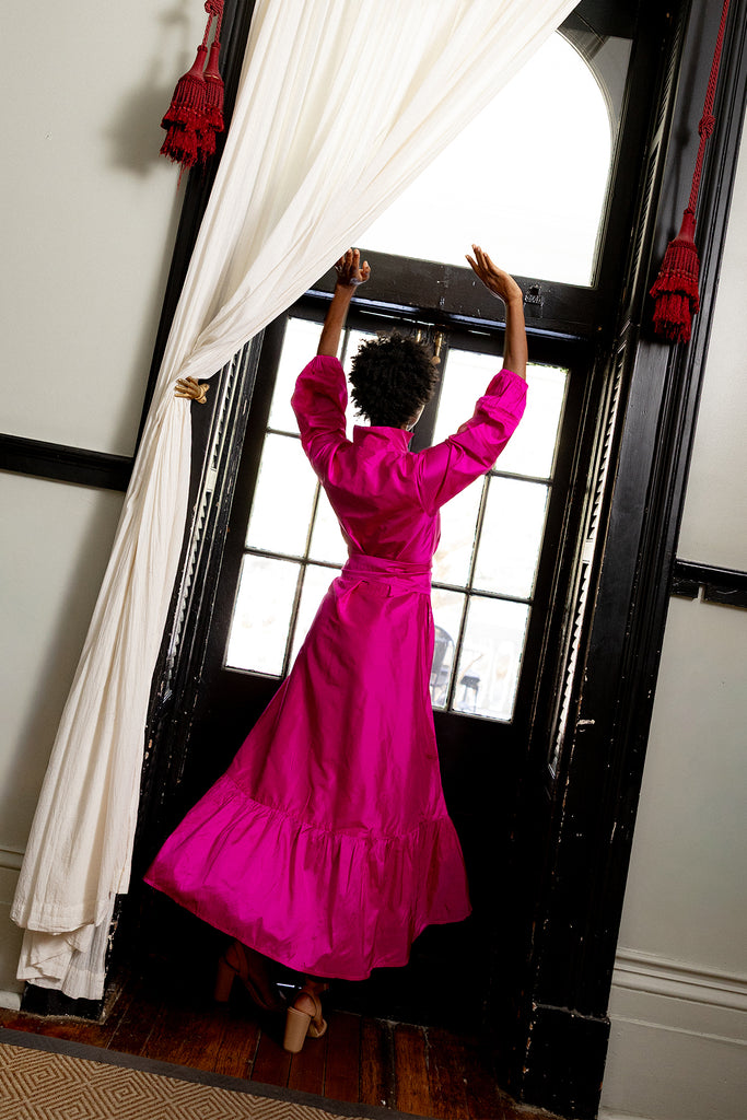 SUE SARTOR Flounce Maxi  | Fuchsia Silk Taffeta