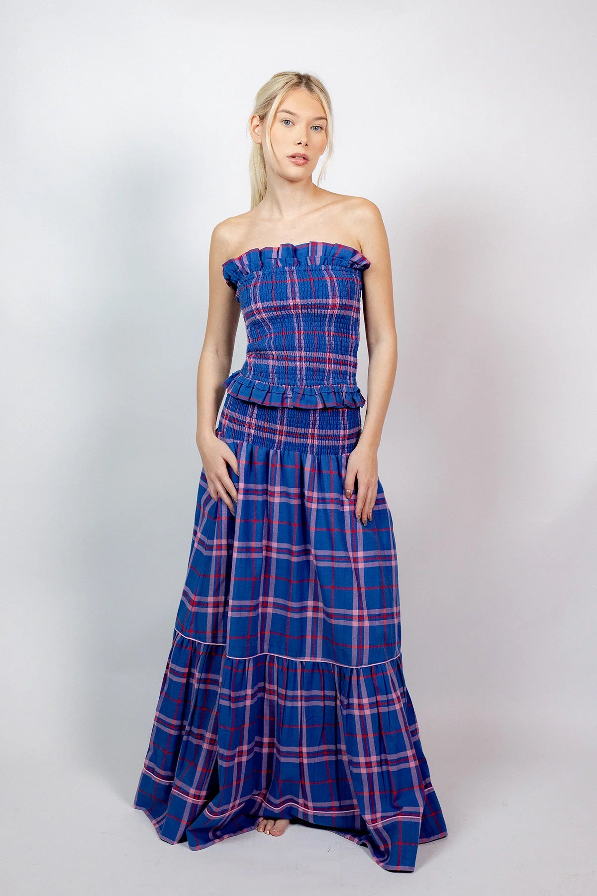 SUE SARTOR Flounce Smocked Waist Skirt | Cobalt/Roseberry Islay Tartan