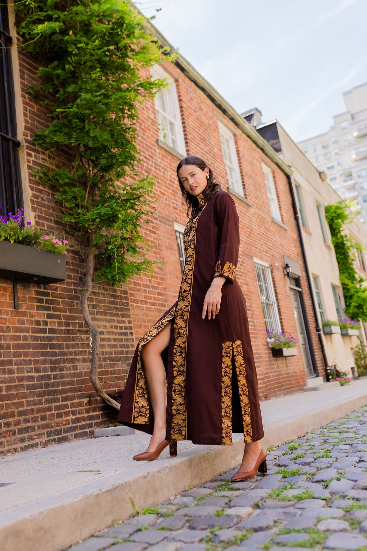Marrakech Kaftan | Chocolate/Honey Vintage Lily Embroidery