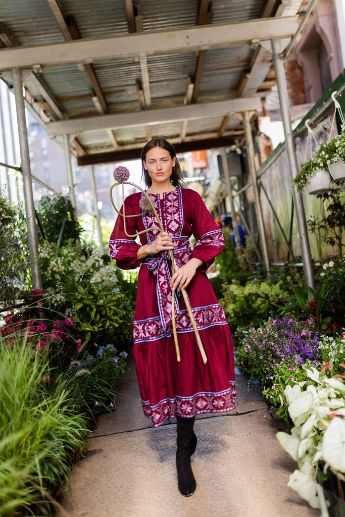 Jewel Neck SUE SARTOR Flounce | Burgundy/Foxglove Embroidery