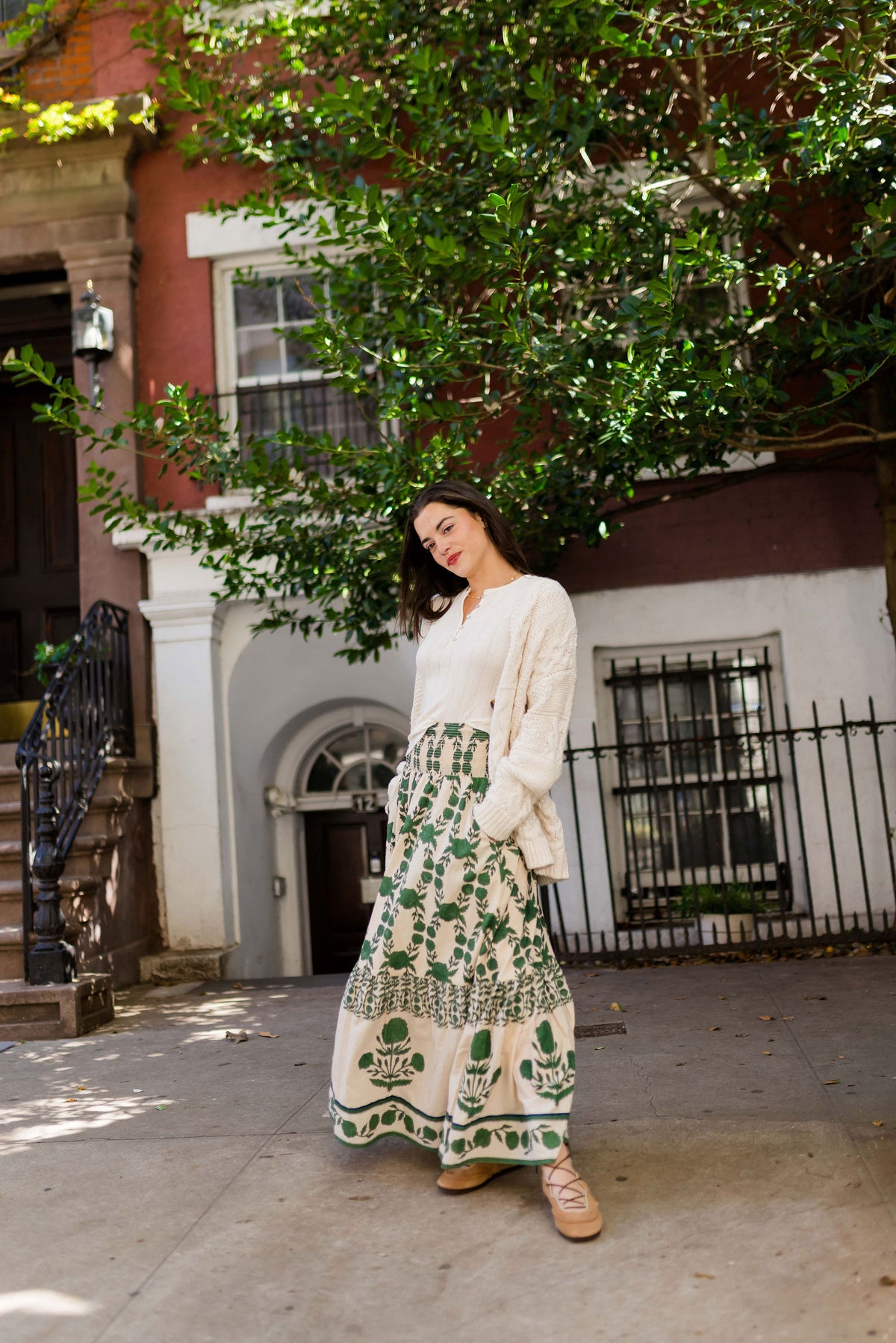 SUE SARTOR Flounce Smocked Waist Skirt | Olive Marigold