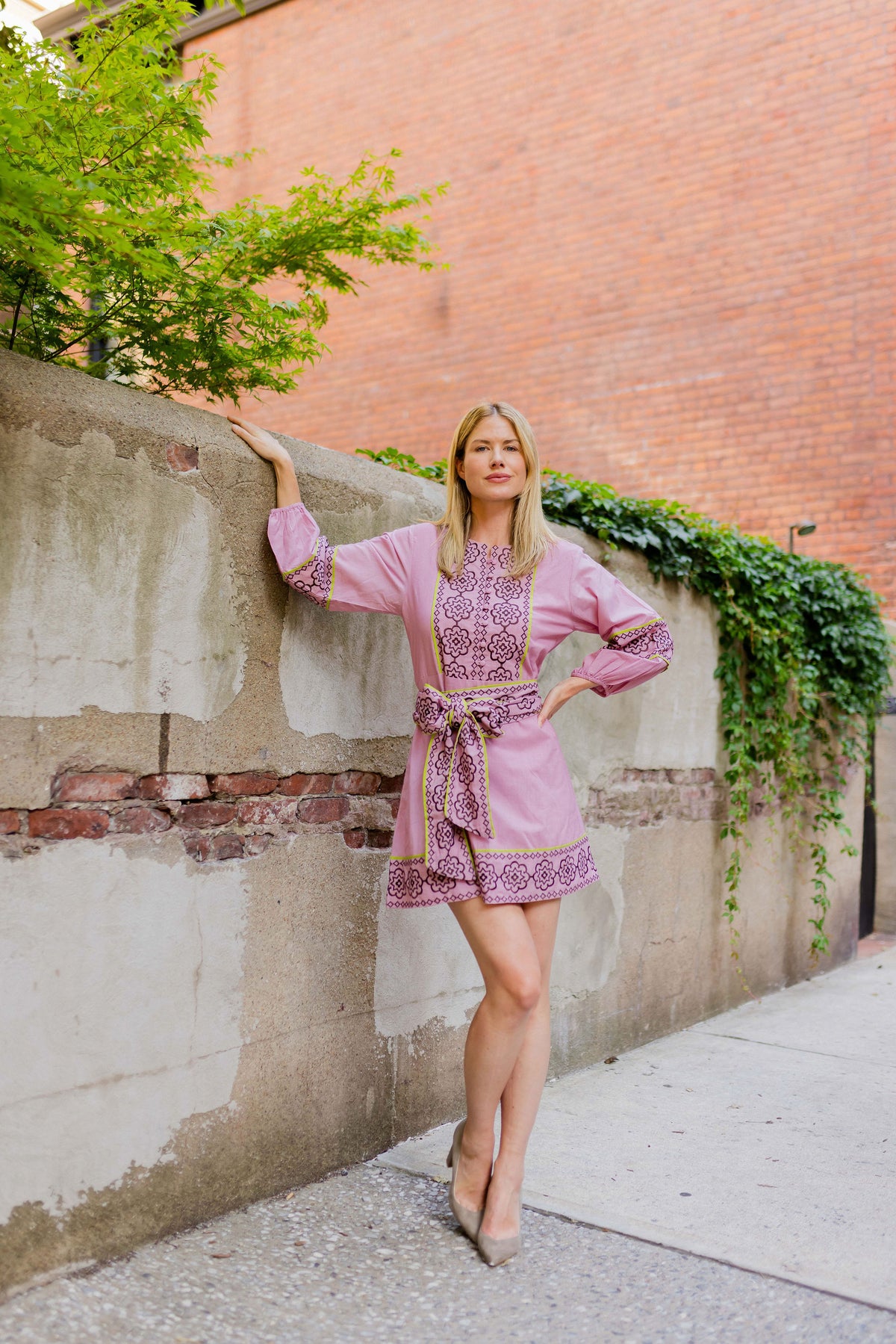 Jewel Neck SUE SARTOR Flounce Mini | Foxglove/Chestnut Embroidery