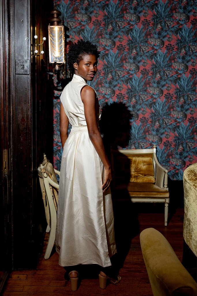 Sleeveless Marrakech Kaftan | Ivory Silk Taffeta