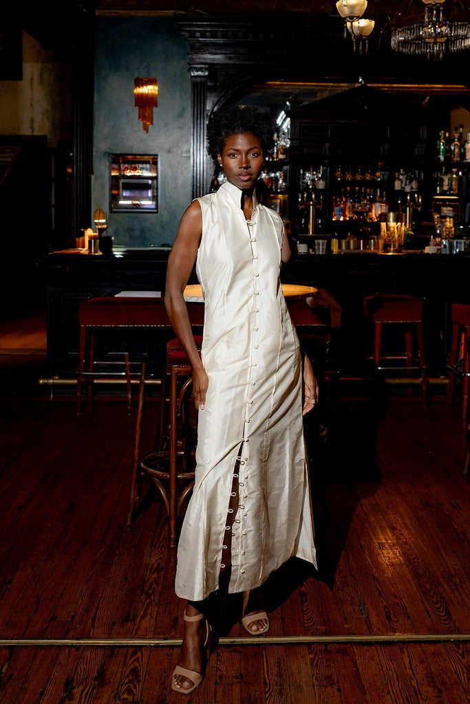 Sleeveless Marrakech Kaftan | Ivory Silk Taffeta