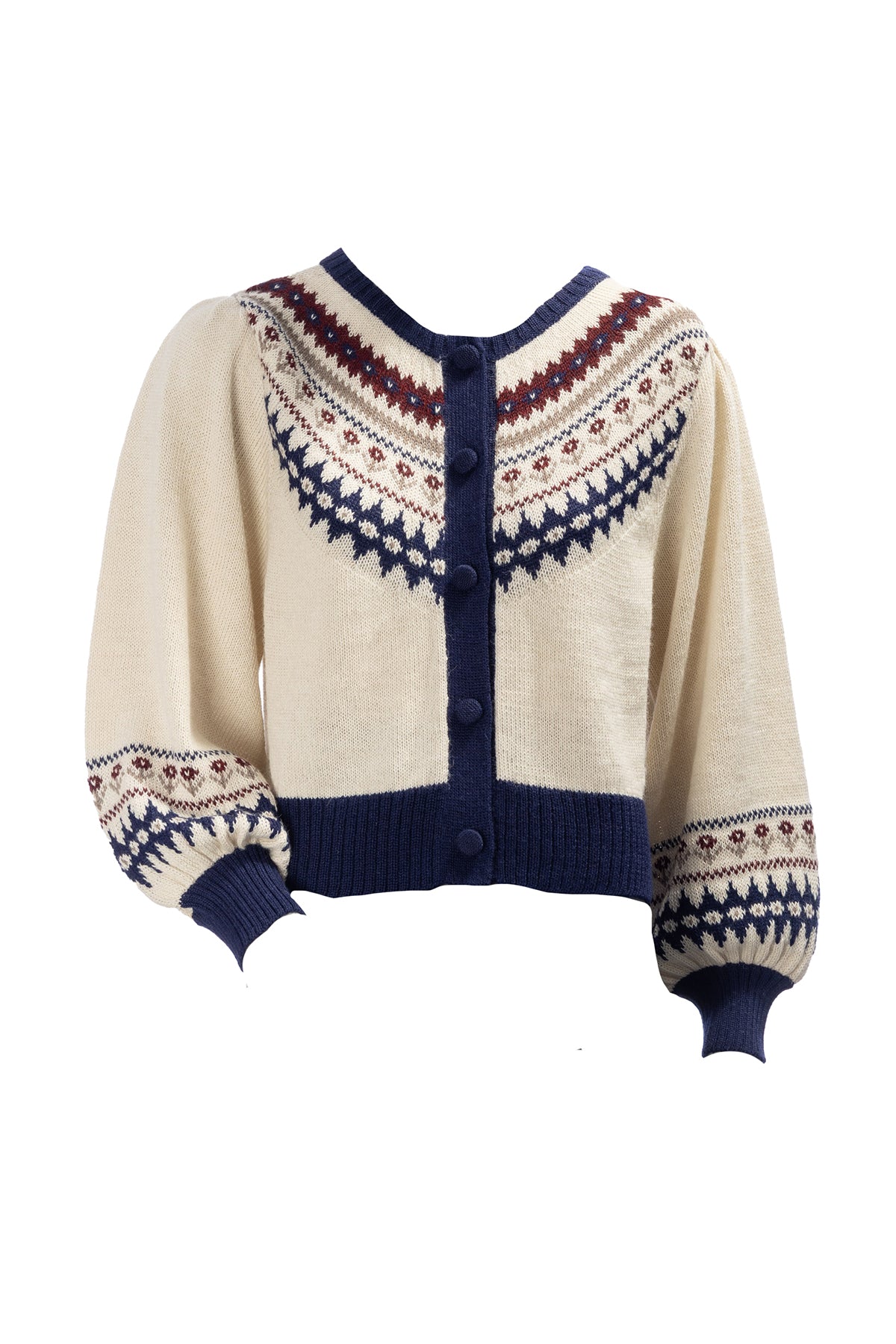 Barrel Sleeve Cardigan | Navy/Burgundy/Ivory Fair Isle