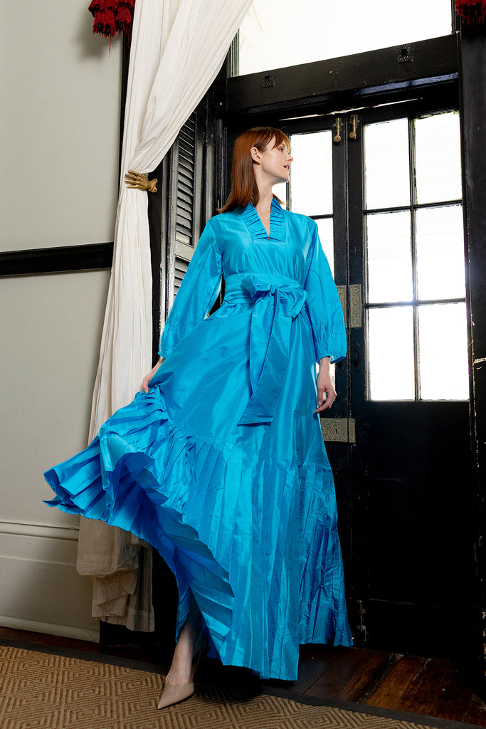 Pleated SUE SARTOR Flounce Gown | Peacock Silk Taffeta