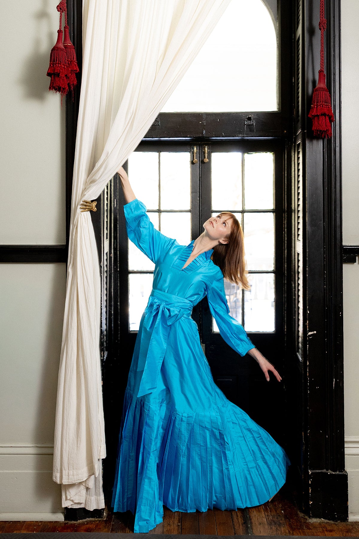 Pleated SUE SARTOR Flounce Gown | Peacock Silk Taffeta