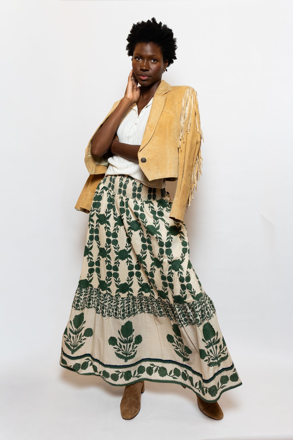 SUE SARTOR Flounce Smocked Waist Skirt | Olive Marigold