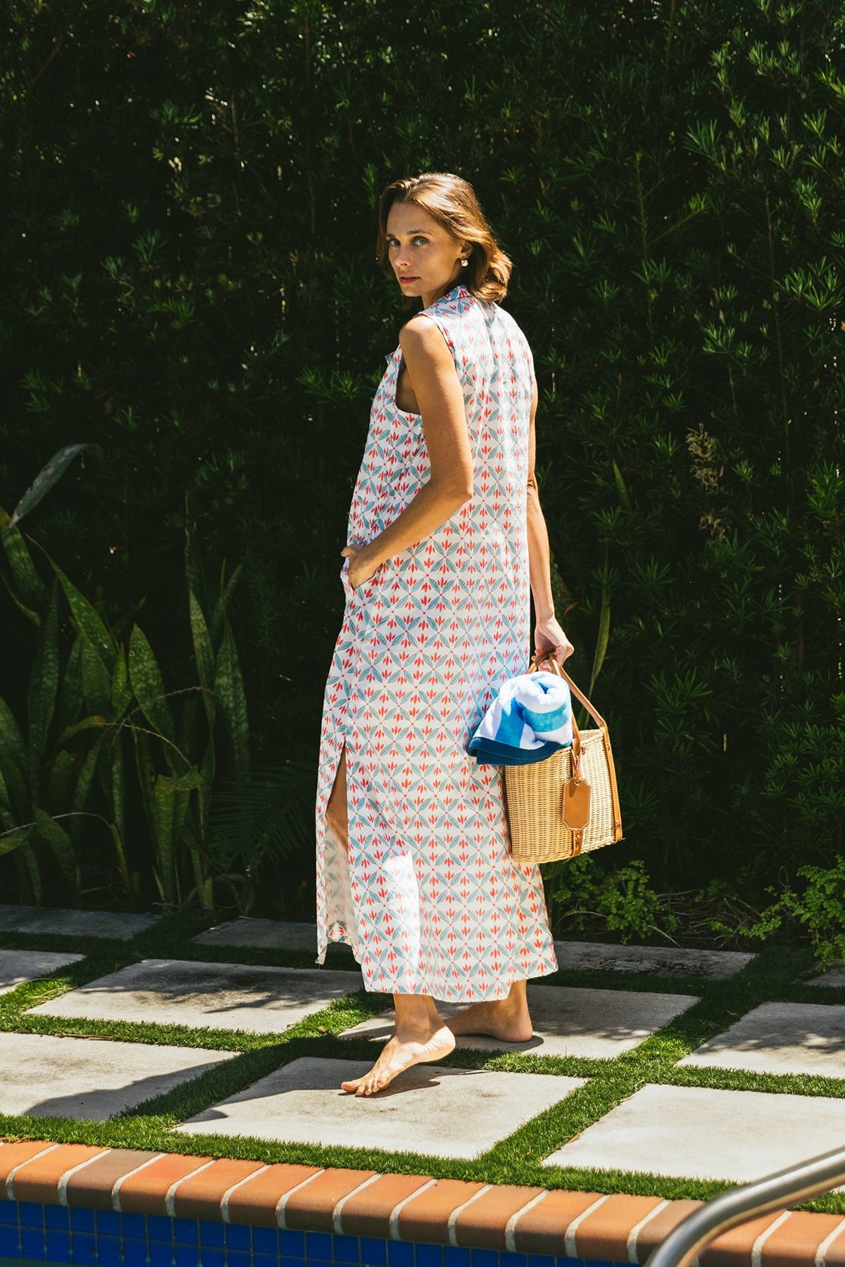 Sleeveless Marrakech Kaftan | Aqua/Heirloom Tomato Provence