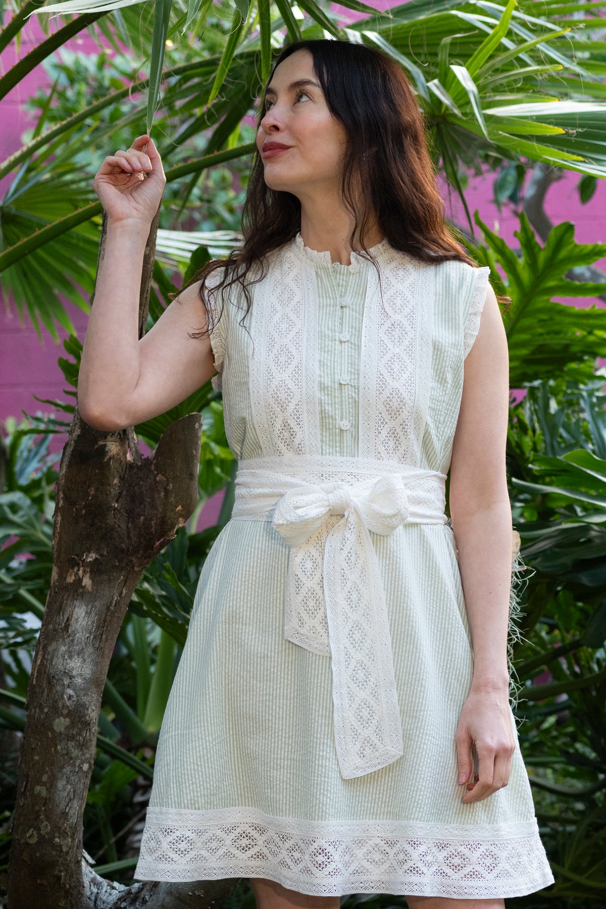 Sleeveless SUE SARTOR Flounce Mini | Sage Seersucker Lattice Crochet Lace