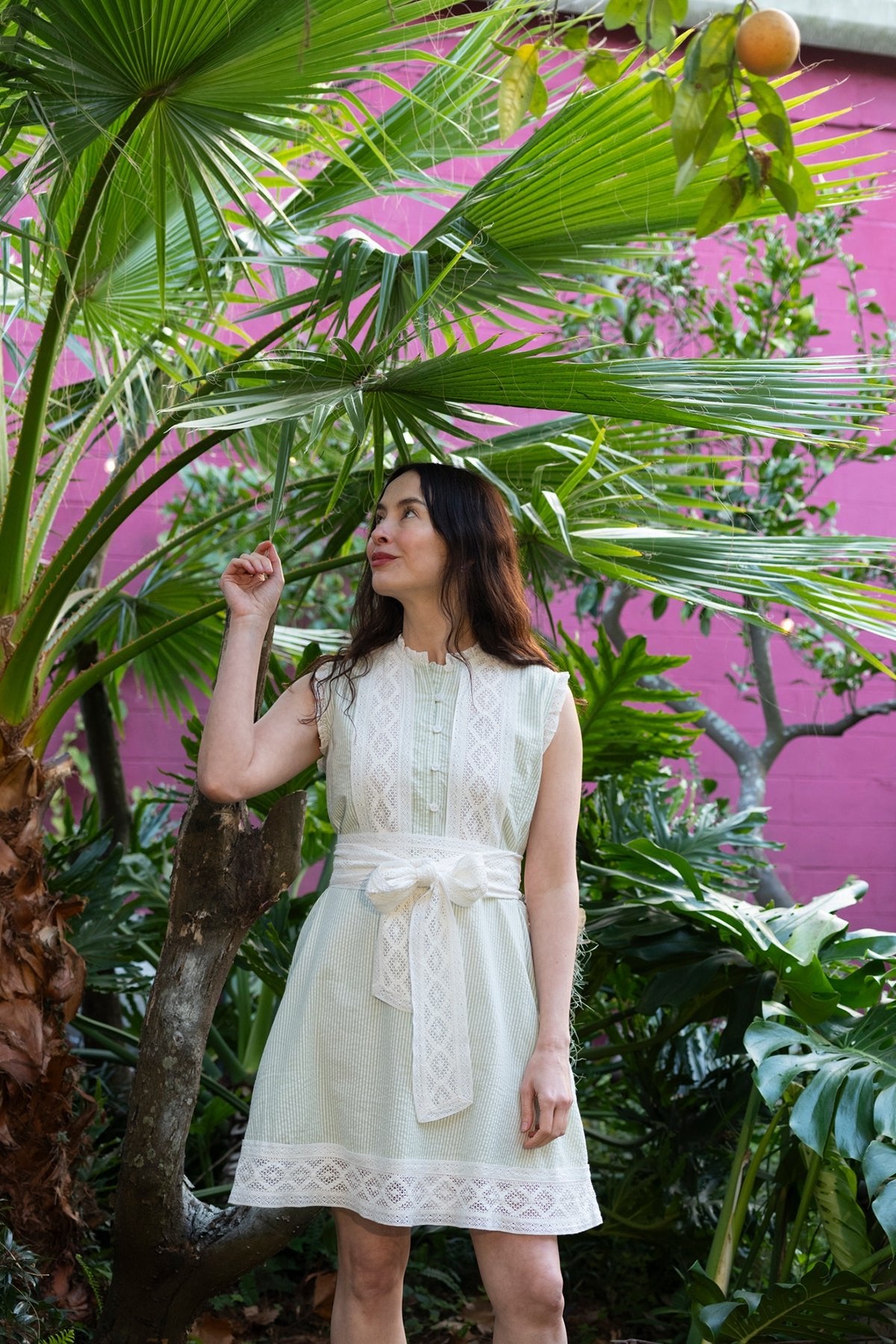 Sleeveless SUE SARTOR Flounce Mini | Sage Seersucker Lattice Crochet Lace