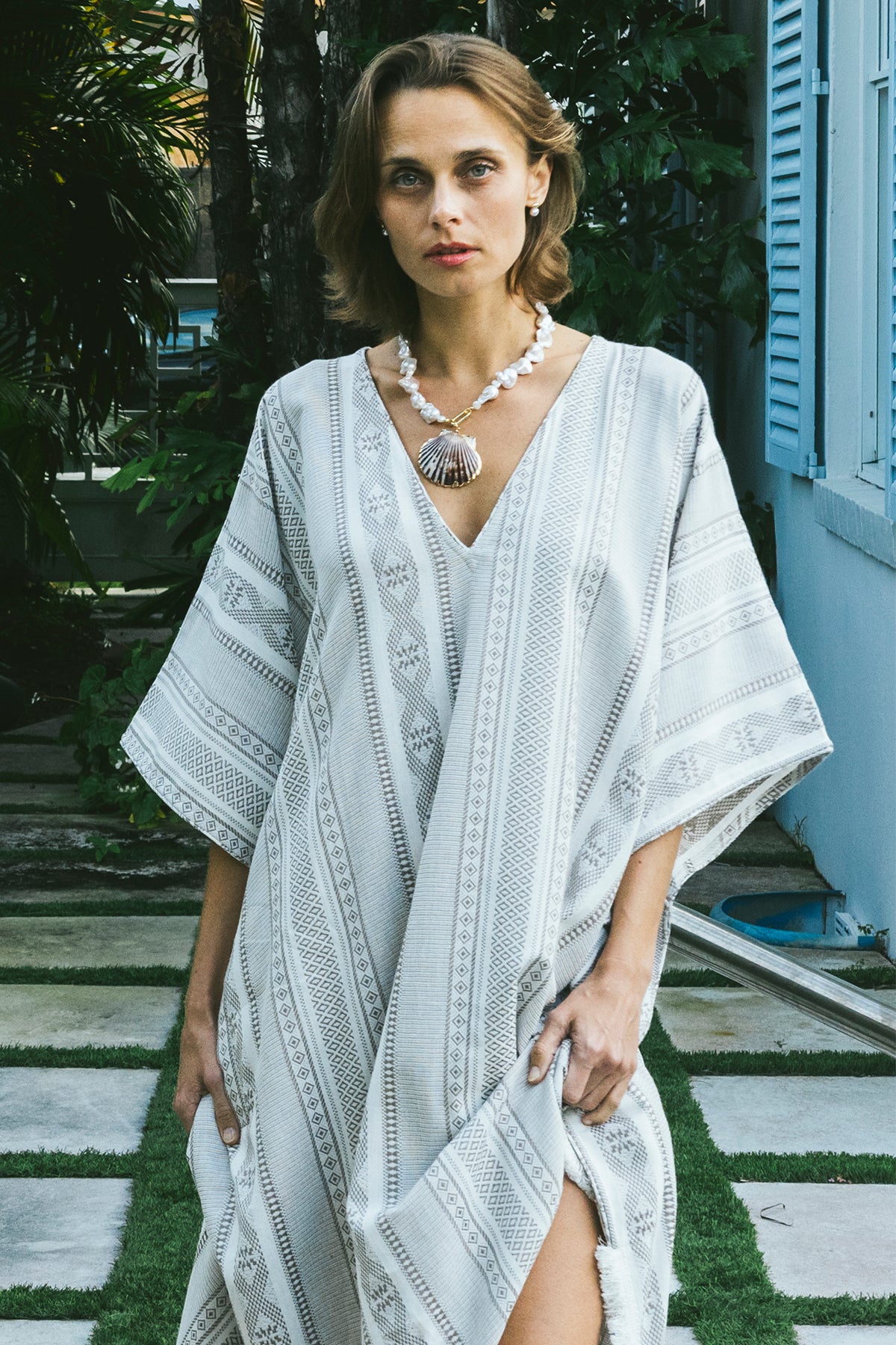 V-Neck Beach Kaftan Long | Provençal Sisal Stripe