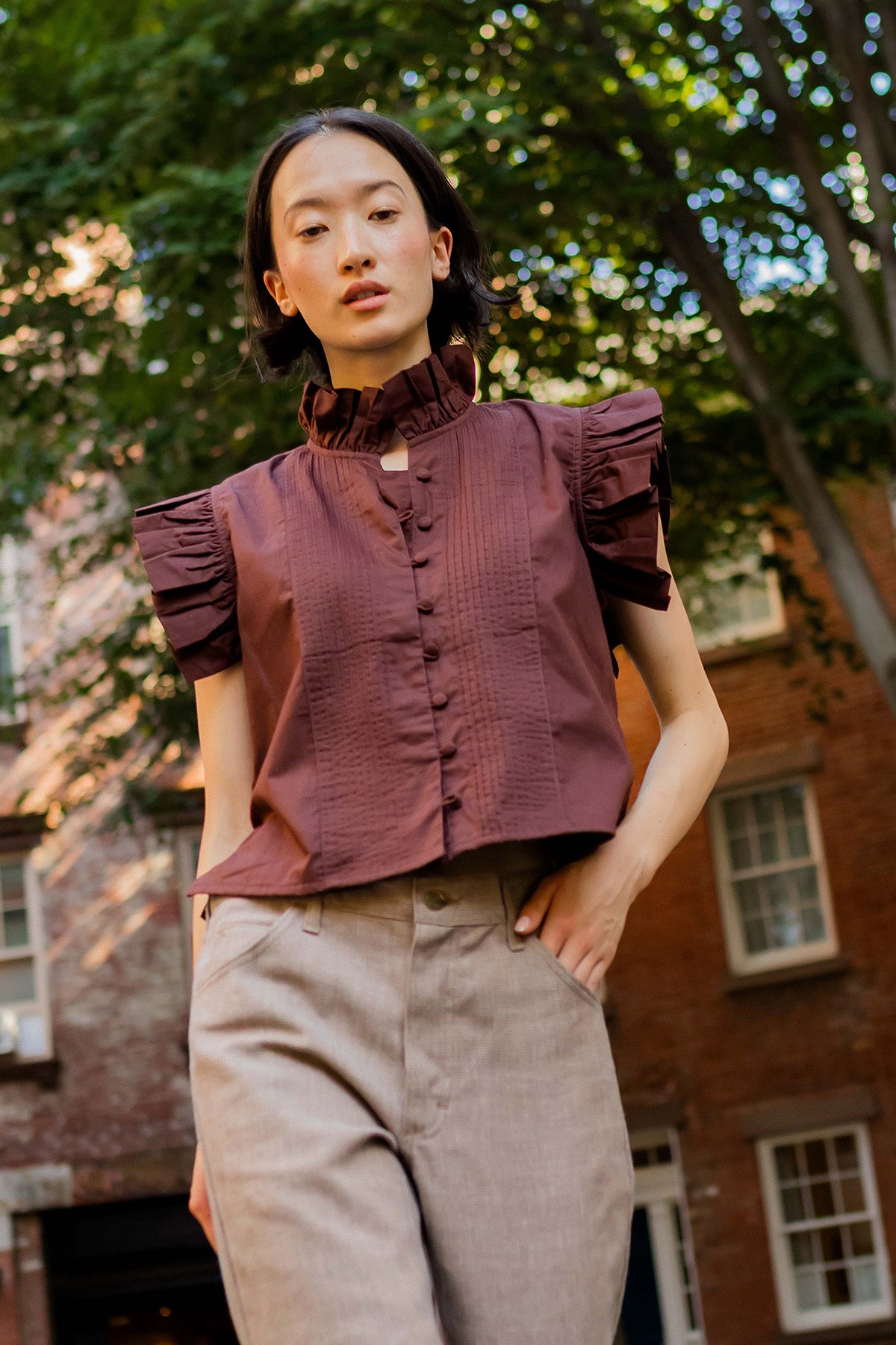 Jewel Neck SUE SARTOR Flounce | Burgundy/Foxglove Embroidery