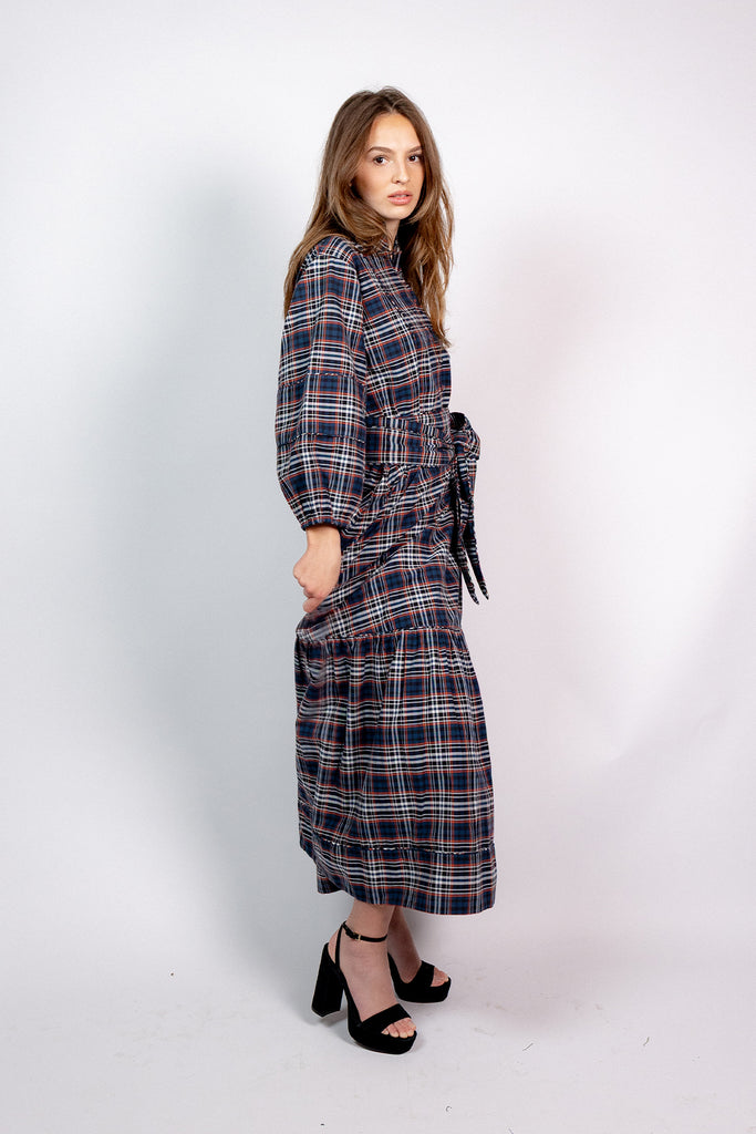 SUE SARTOR Flounce Maxi | Onyx/Garnet Highland Glen Plaid