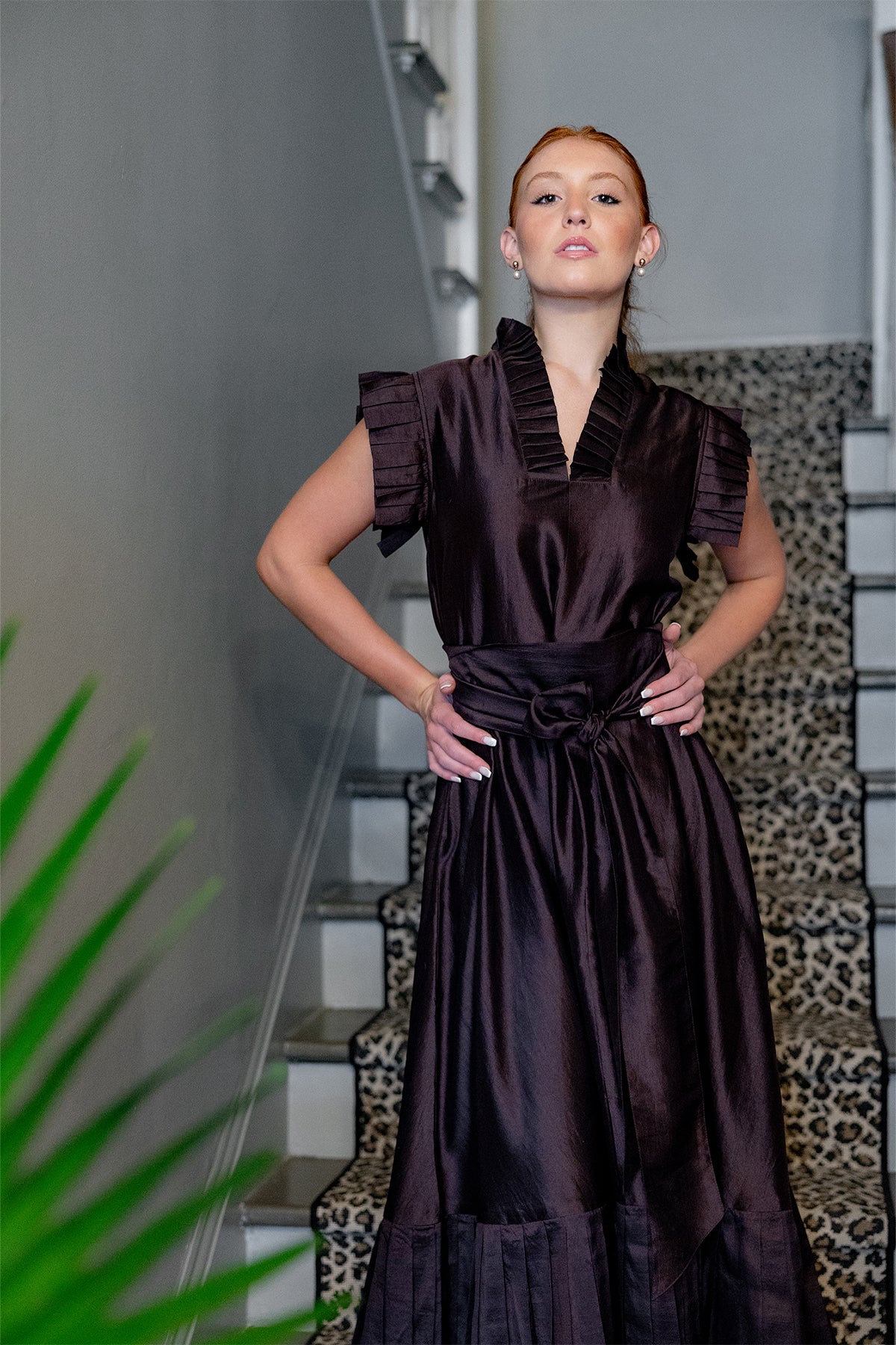Pleated Sleeveless SUE SARTOR Flounce Maxi | Chocolate Silk Taffeta