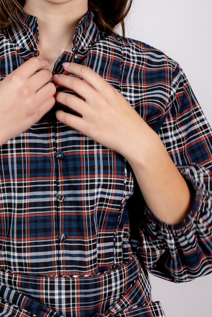 SUE SARTOR Flounce Maxi | Onyx/Garnet Highland Glen Plaid