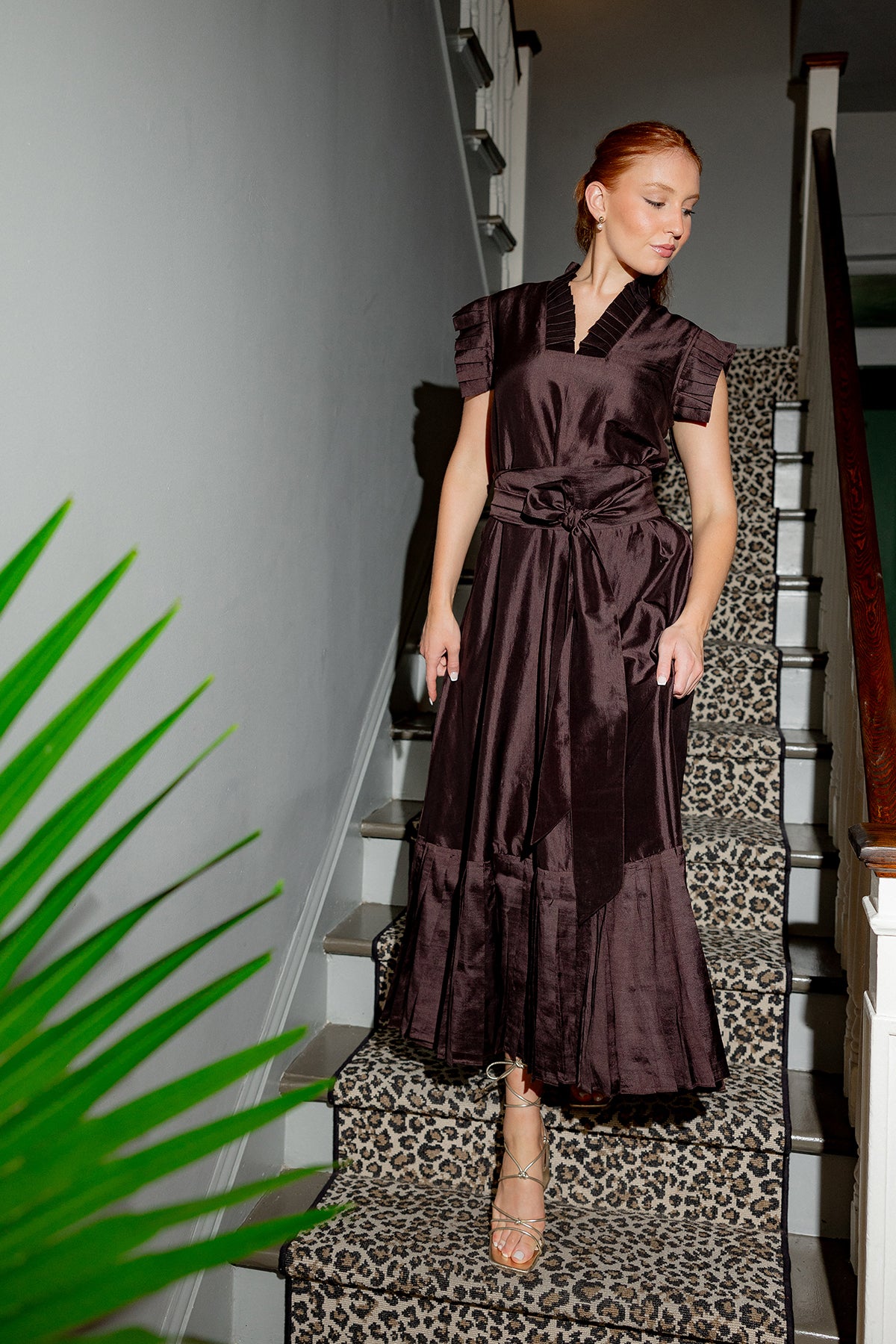 Pleated Sleeveless SUE SARTOR Flounce Maxi | Chocolate Silk Taffeta