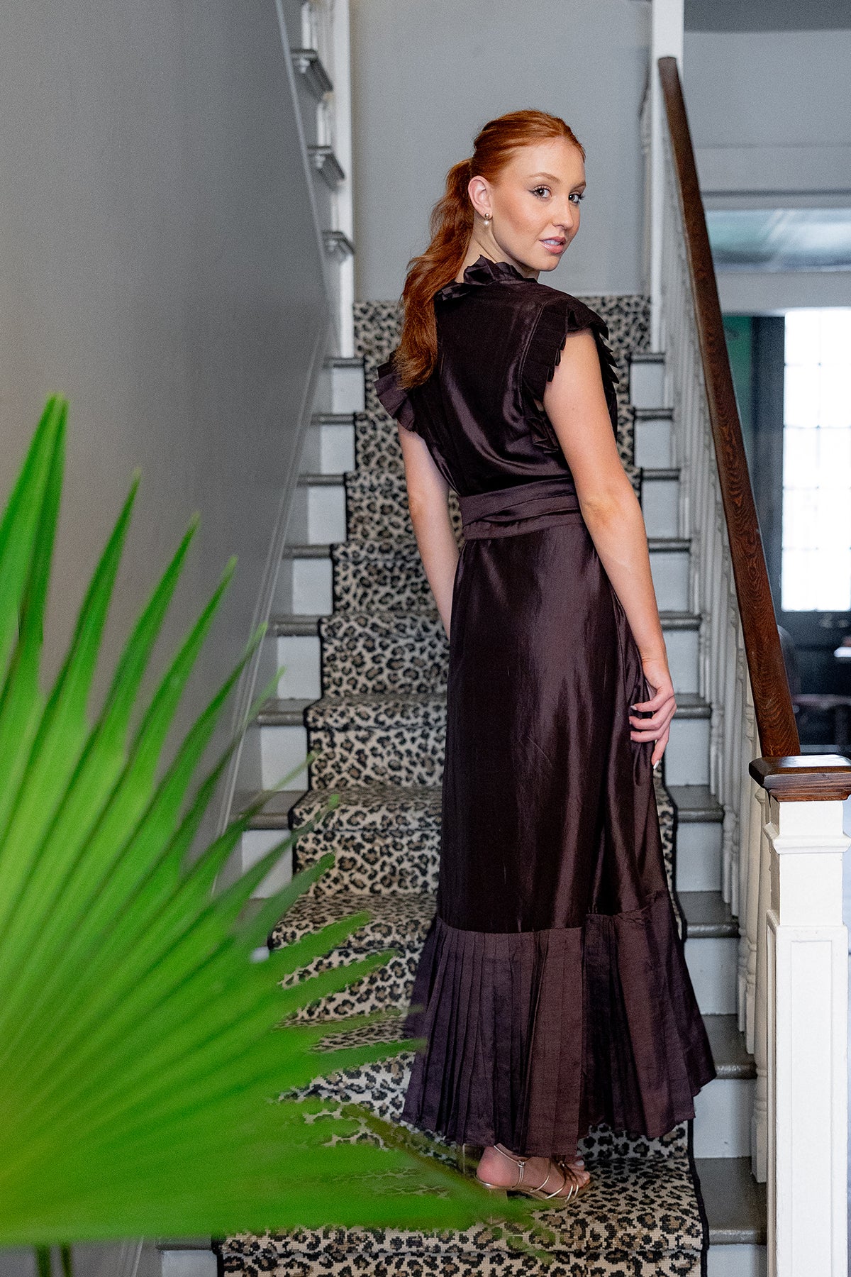 Pleated Sleeveless SUE SARTOR Flounce Maxi | Chocolate Silk Taffeta