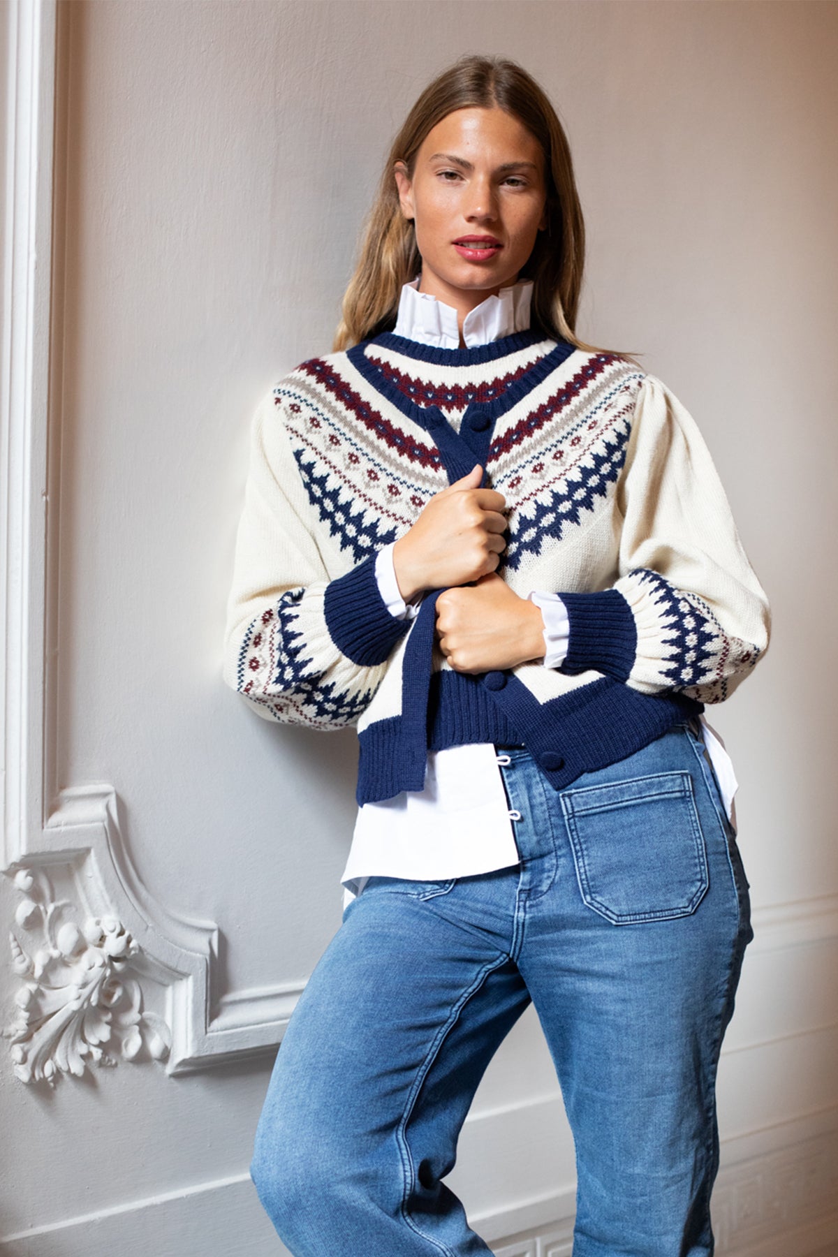 Barrel Sleeve Cardigan | Navy/Burgundy/Ivory Fair Isle