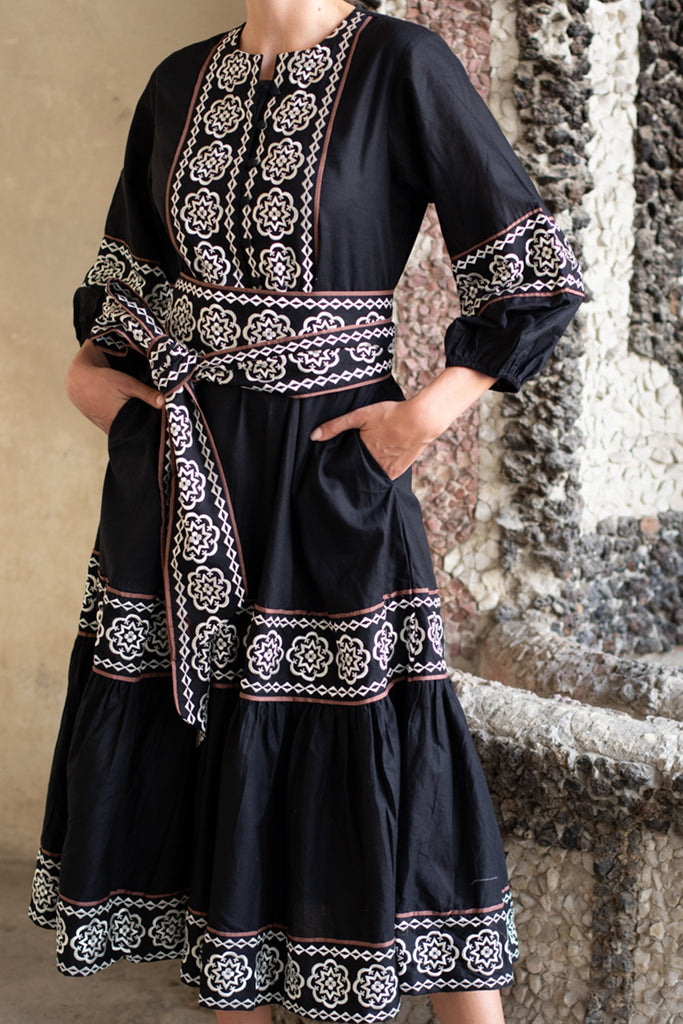 Jewel Neck SUE SARTOR Flounce | Black/Ivory Piazza Embroidery