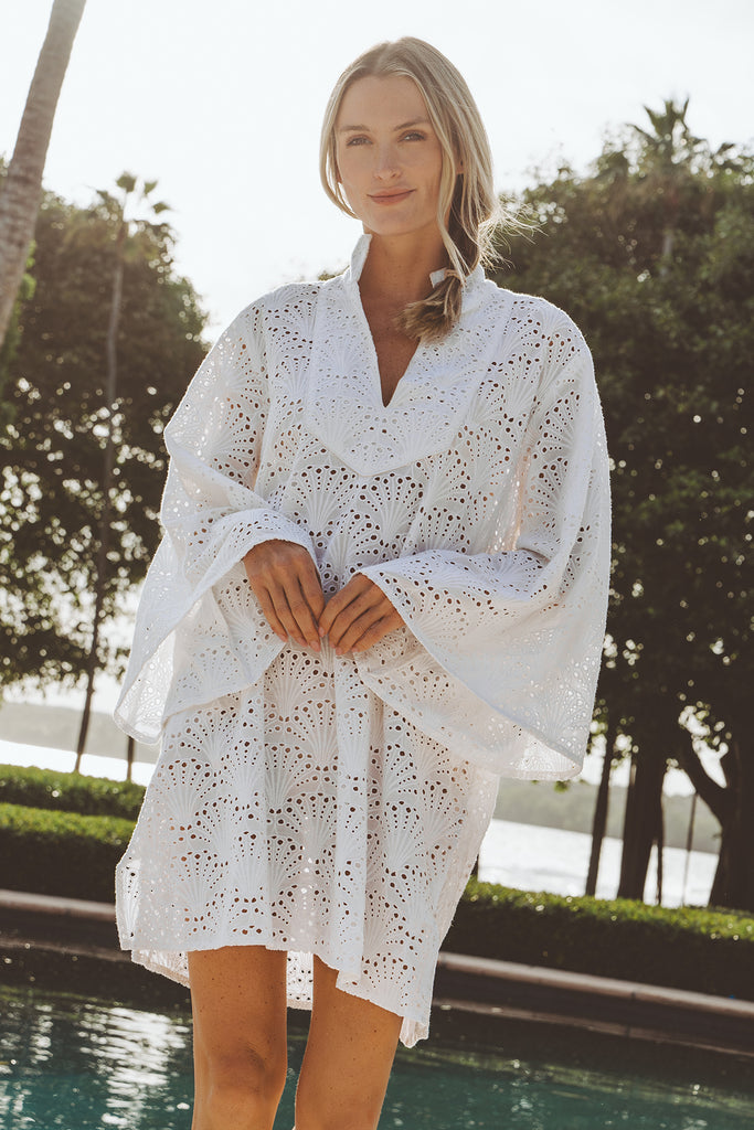 TAJ Mini Beach Kaftan | White Scallop Shell Eyelet SUE SARTOR TAJ Mini Beach Kaftan | White Scallop Shell Eyelet SUE SARTOR