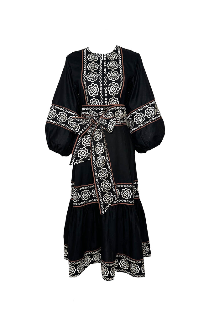 Jewel Neck SUE SARTOR Flounce | Black/Ivory Piazza Embroidery