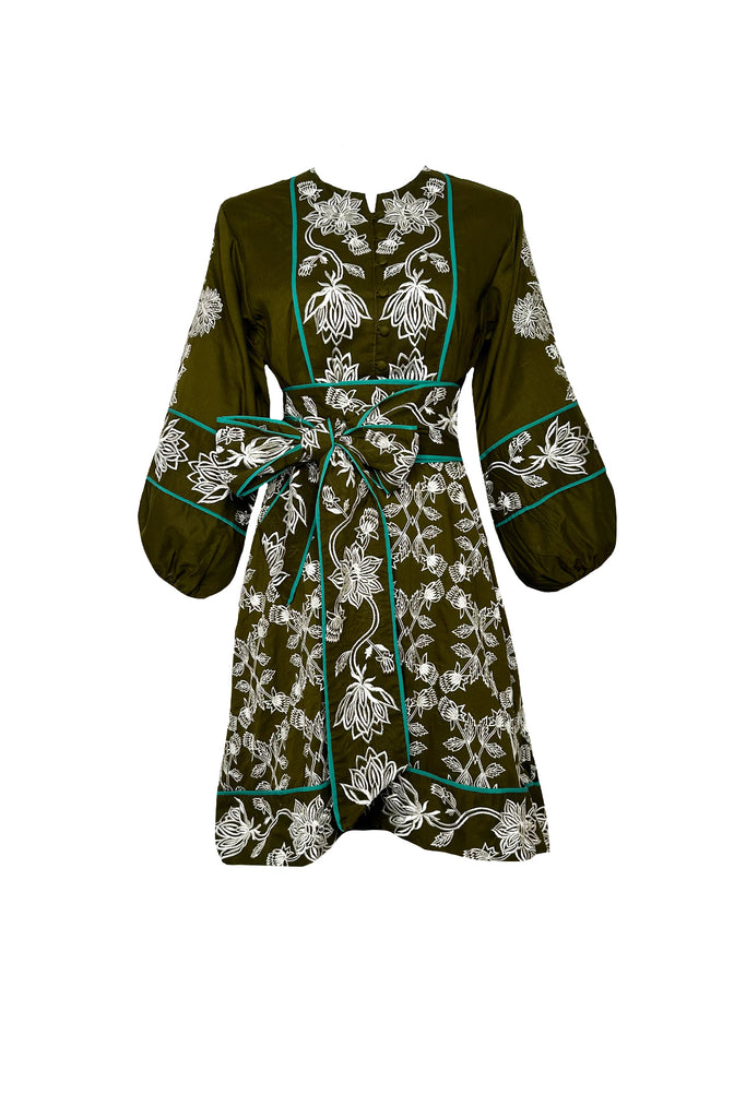 Jewel Neck SUE SARTOR Flounce Mini | Olive/Ivory Fall Blooms Embroidery