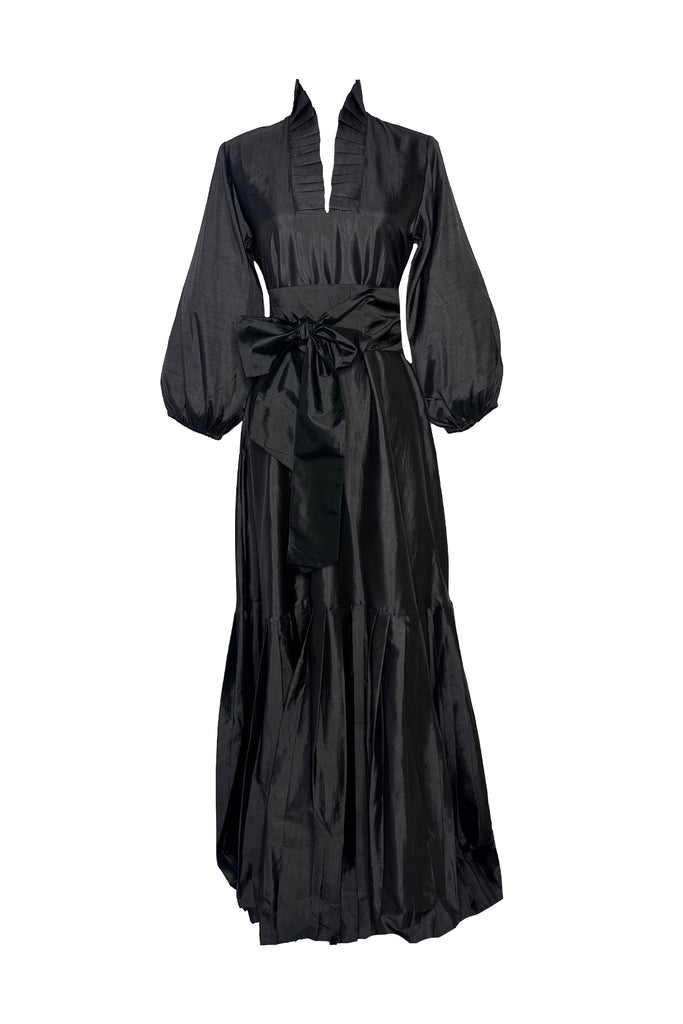 Pleated SUE SARTOR Flounce Gown | Black Silk Taffeta