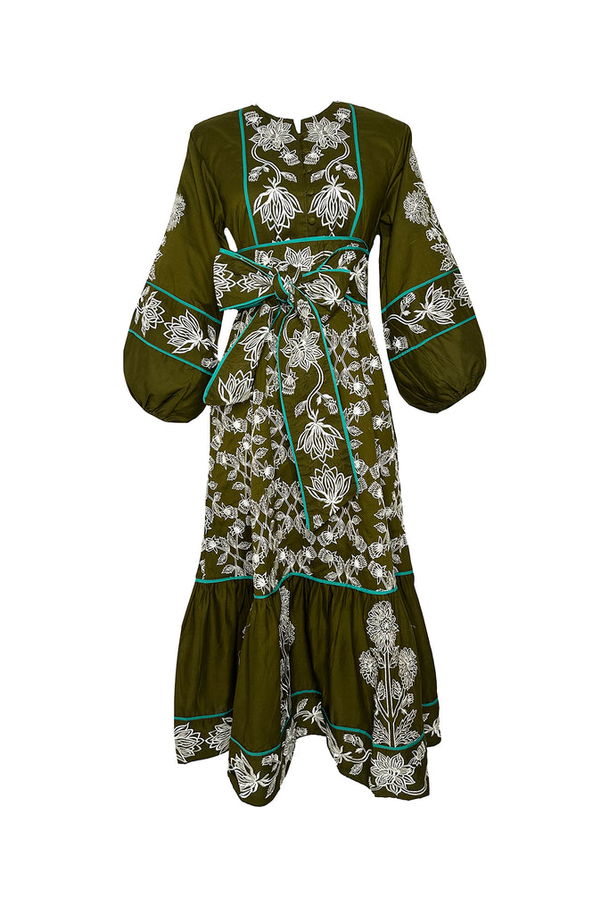 Jewel Neck SUE SARTOR Flounce | Olive/Ivory Fall Blooms Embroidery