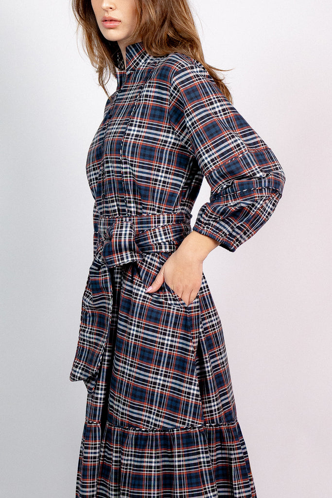 SUE SARTOR Flounce Maxi | Onyx/Garnet Highland Glen Plaid