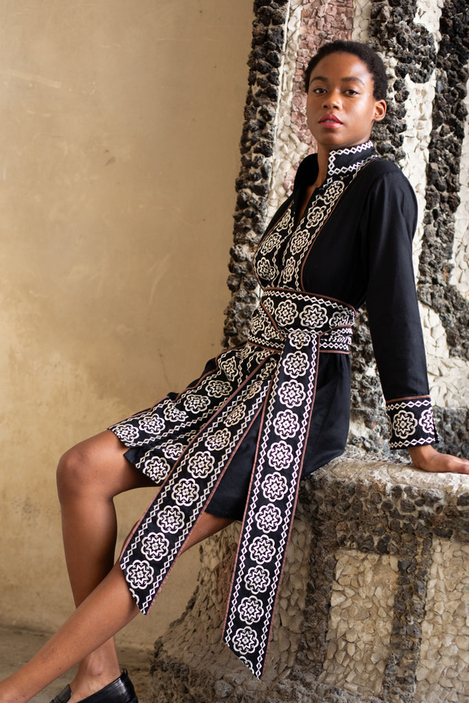 Marrakech Kaftan Short | Black/Ivory Piazza Embroidery