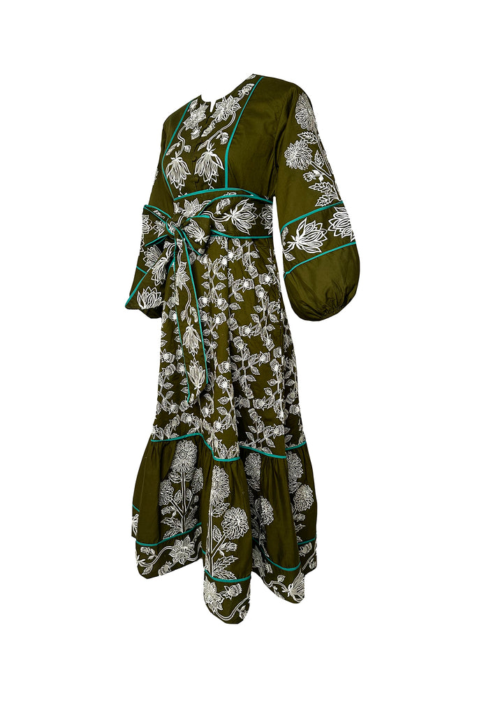 Jewel Neck SUE SARTOR Flounce | Olive/Ivory Fall Blooms Embroidery