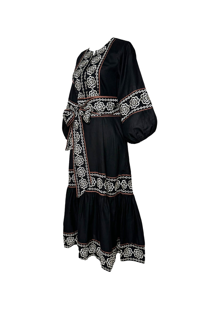 Jewel Neck SUE SARTOR Flounce | Black/Ivory Piazza Embroidery