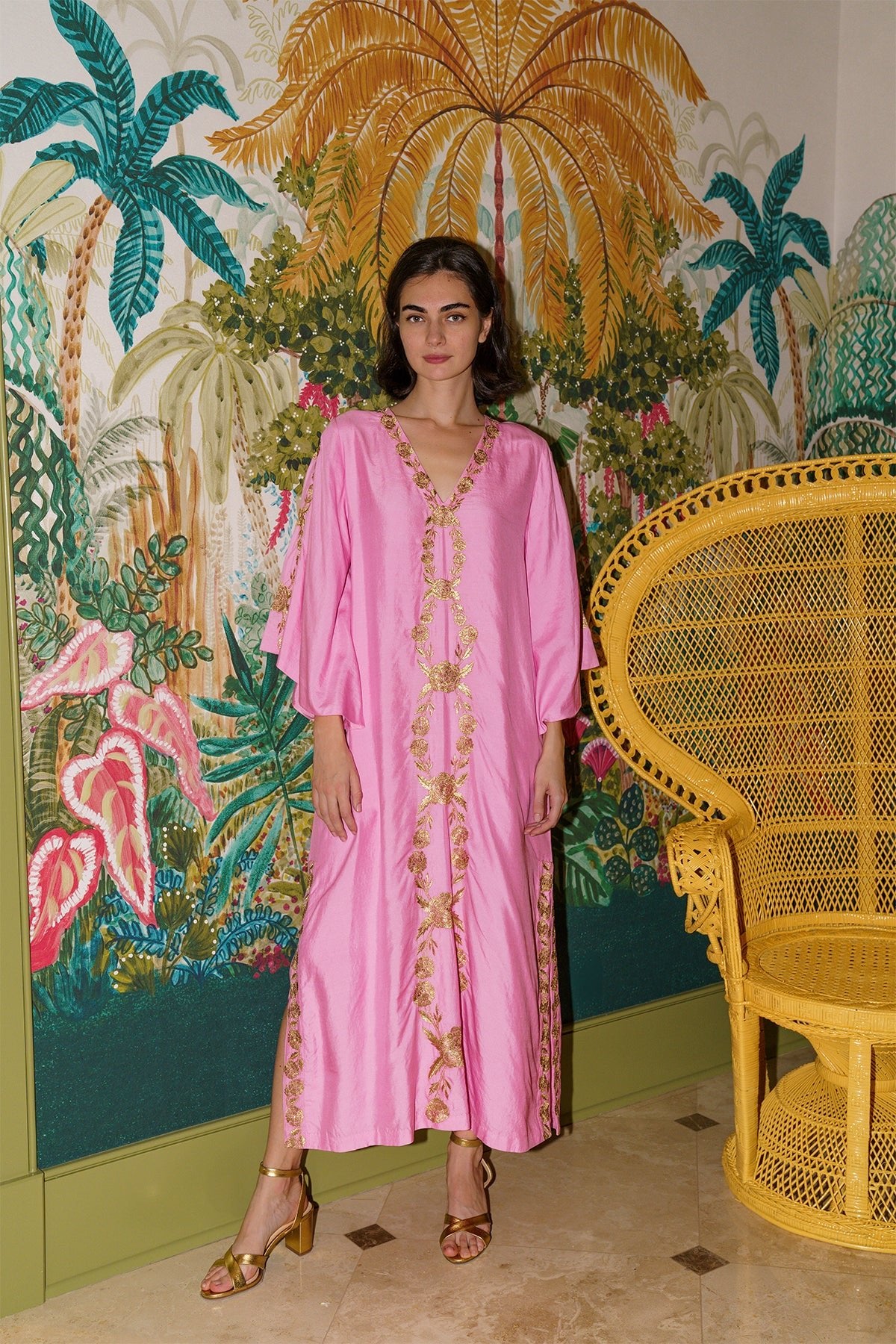 SS Kaftan | Bubble/Gold Hand-Loom Silk SUE SARTOR Marigold Embroidery