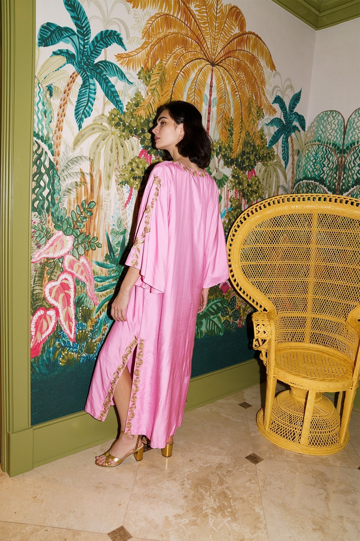 SS Kaftan | Bubble/Gold Hand-Loom Silk SUE SARTOR Marigold Embroidery