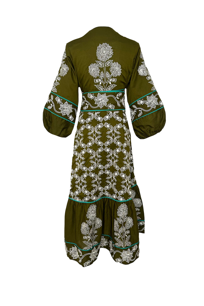 Jewel Neck SUE SARTOR Flounce | Olive/Ivory Fall Blooms Embroidery