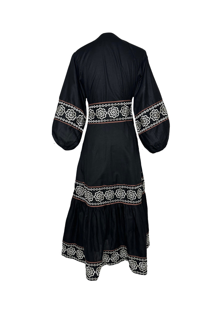 Jewel Neck SUE SARTOR Flounce | Black/Ivory Piazza Embroidery