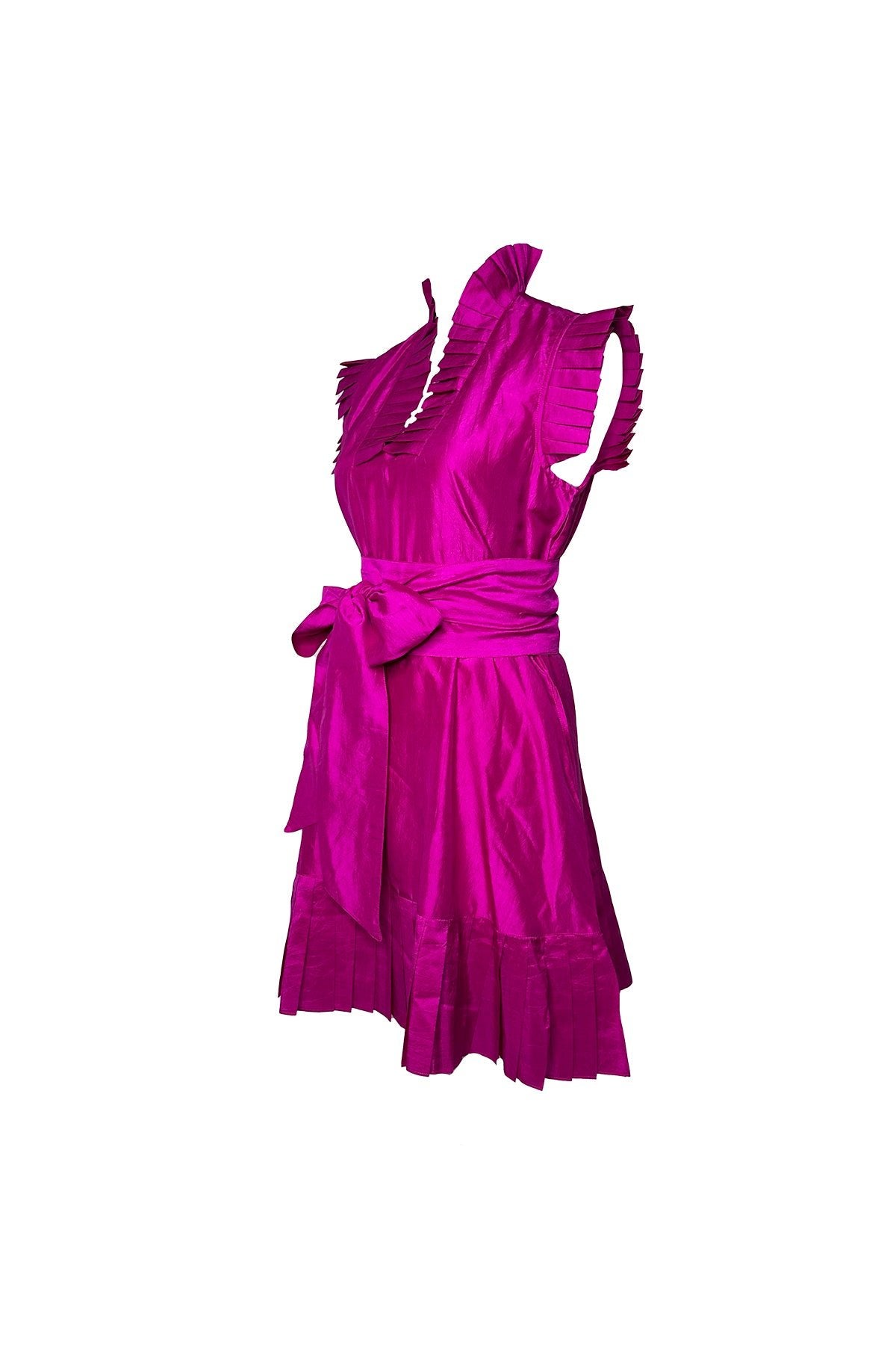 Pleated Sleeveless SUE SARTOR Flounce Mini | Fuchsia Silk Taffeta