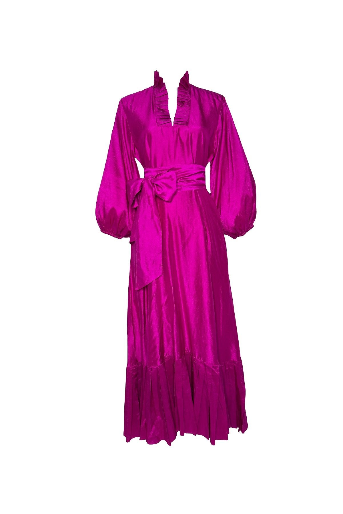Pleated SUE SARTOR Flounce Maxi  | Fuchsia Silk Taffeta