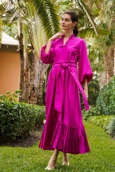 Pleated SUE SARTOR Flounce Maxi | Fuchsia Silk Taffeta