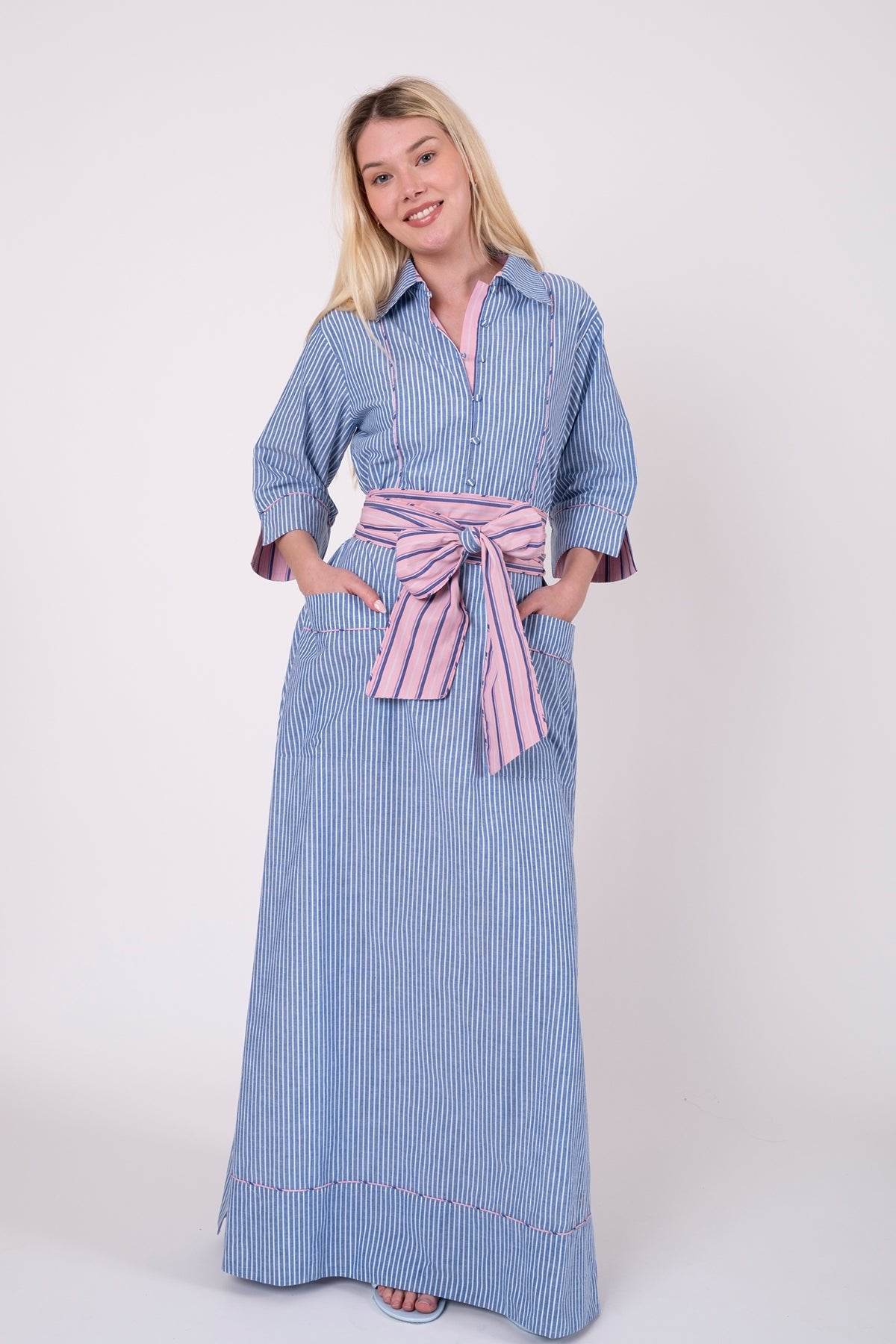 Savannah Shirt Dress | Blue/Pink Pinstripe