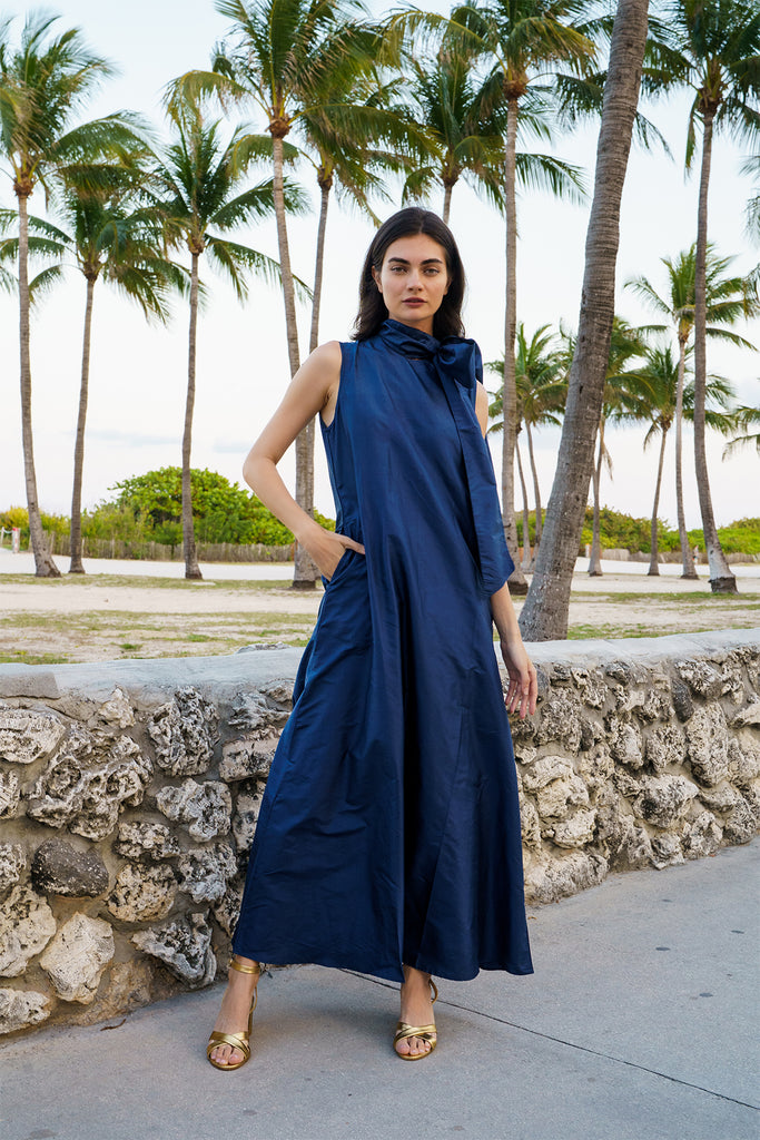 tibi long trapeze dress Bonded Twill Beaded Strappy Dress