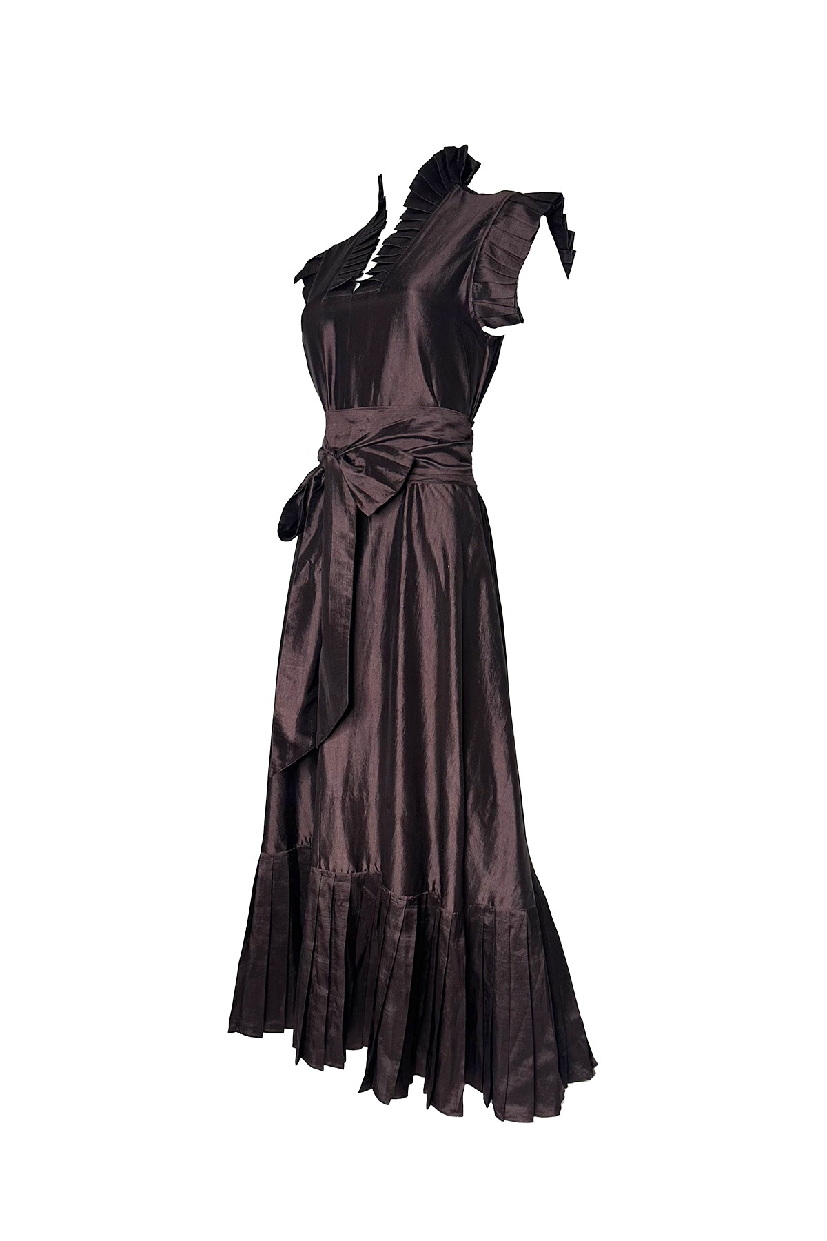 Pleated Sleeveless SUE SARTOR Flounce Maxi | Chocolate Silk Taffeta