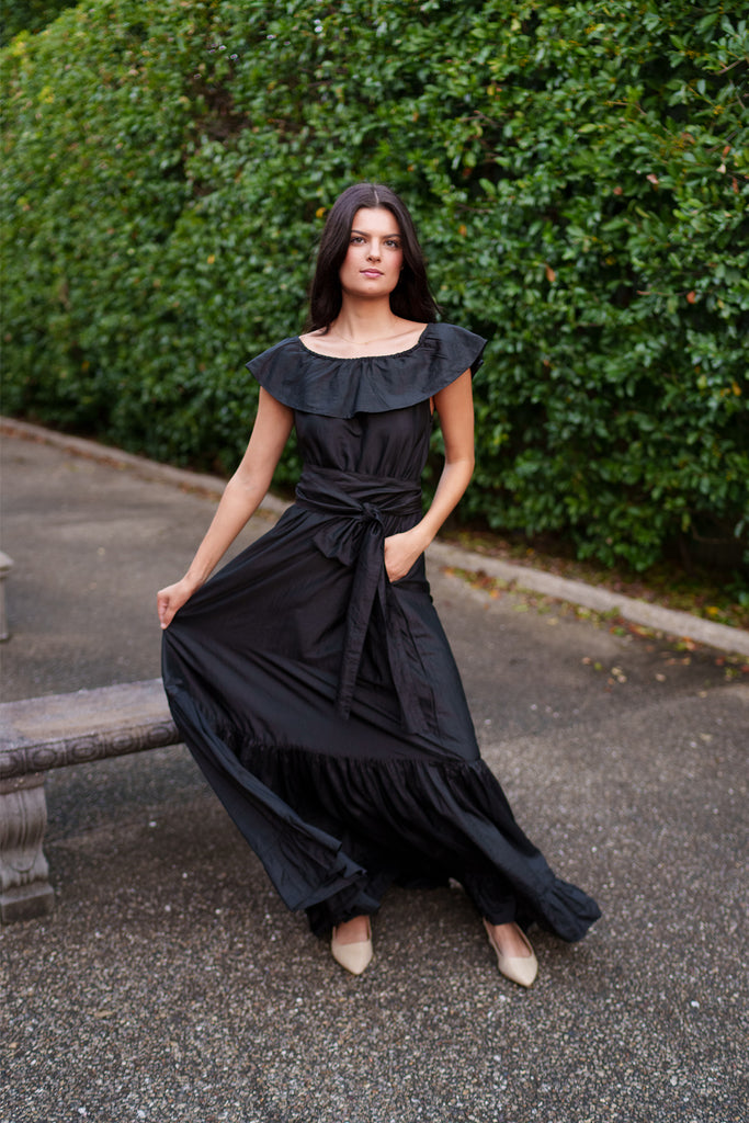 sleeveless seamed maxi dress taffeta small Gwynn Sleeveless Taffeta Drop Waist Dress Black, Fuchsia & Powder Blue