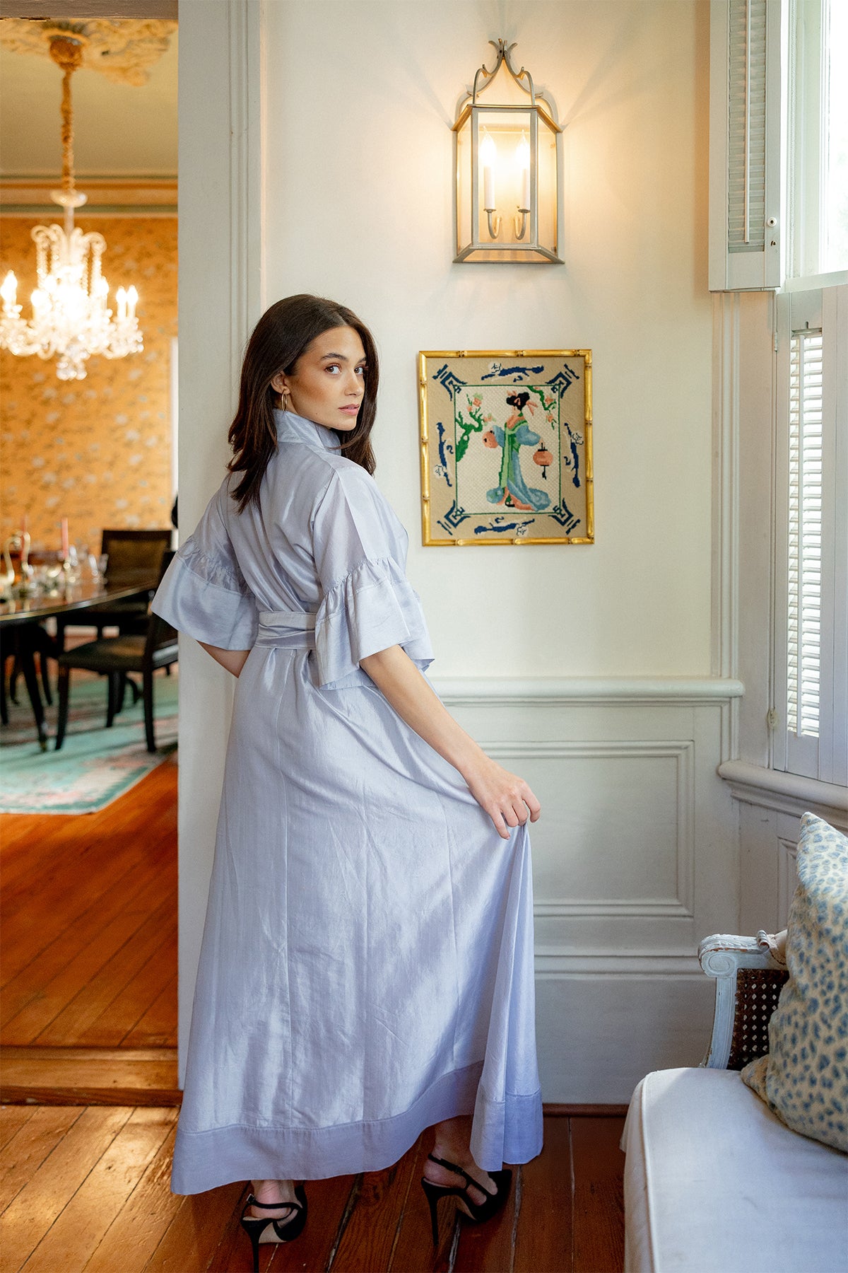 Leela Hostess Kaftan | Dove Grey Silk Taffeta